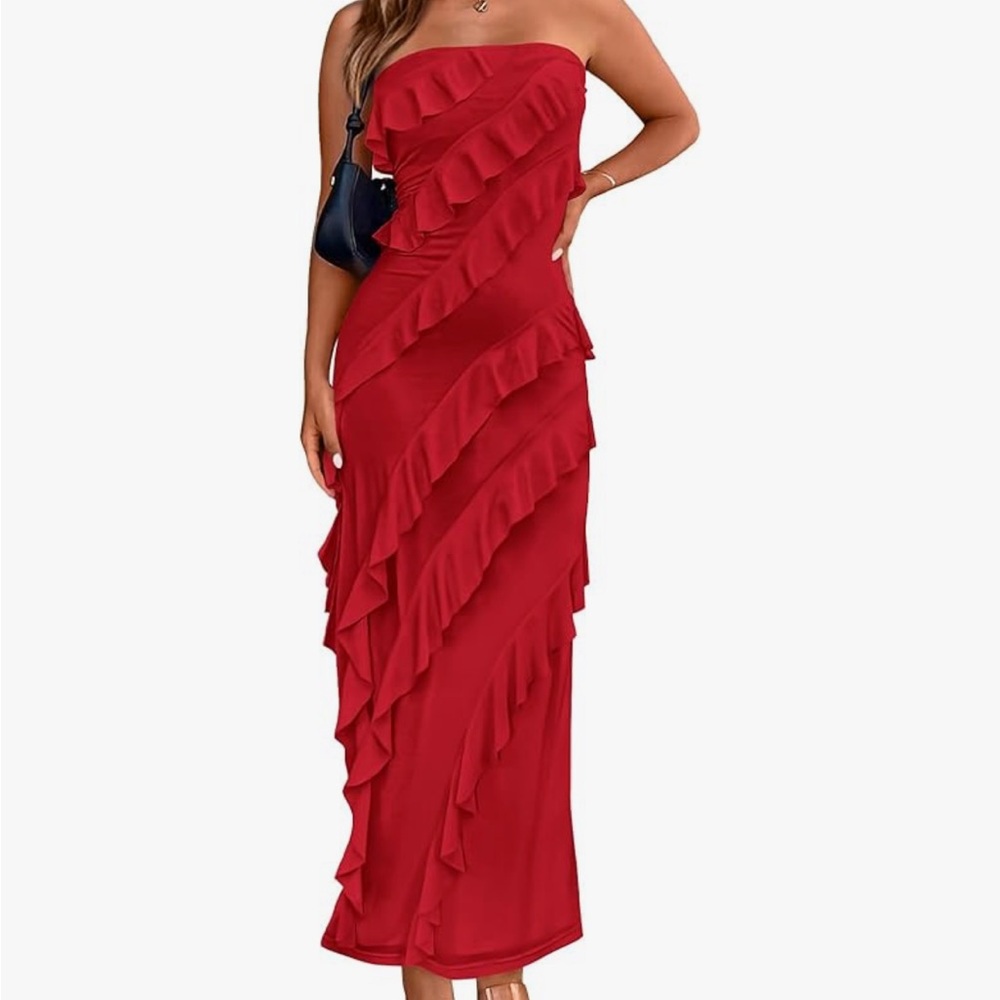 Elegant Red Strapless Ruffle Dress